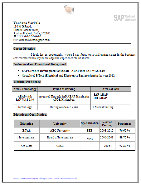 Samples of resume for b tech students